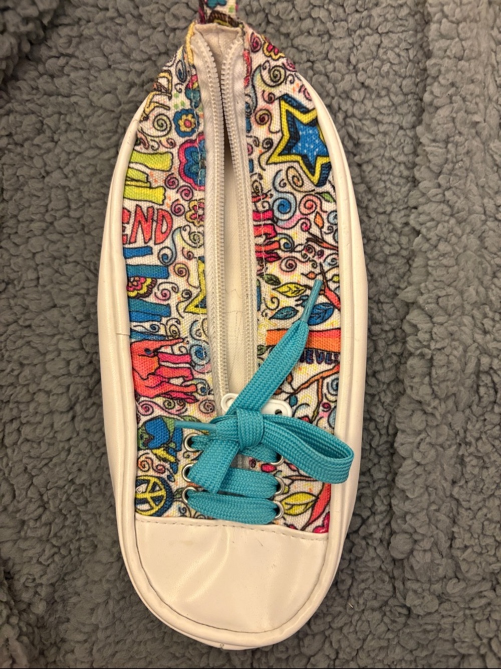 Colorful Doodle Canvas Show Pencil Pouch with Teal Laces